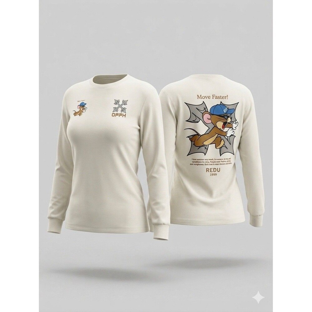 HOZZS Women's Large White Long Sleeve Graphic Shirt Cartoon Mouse Move Faster L